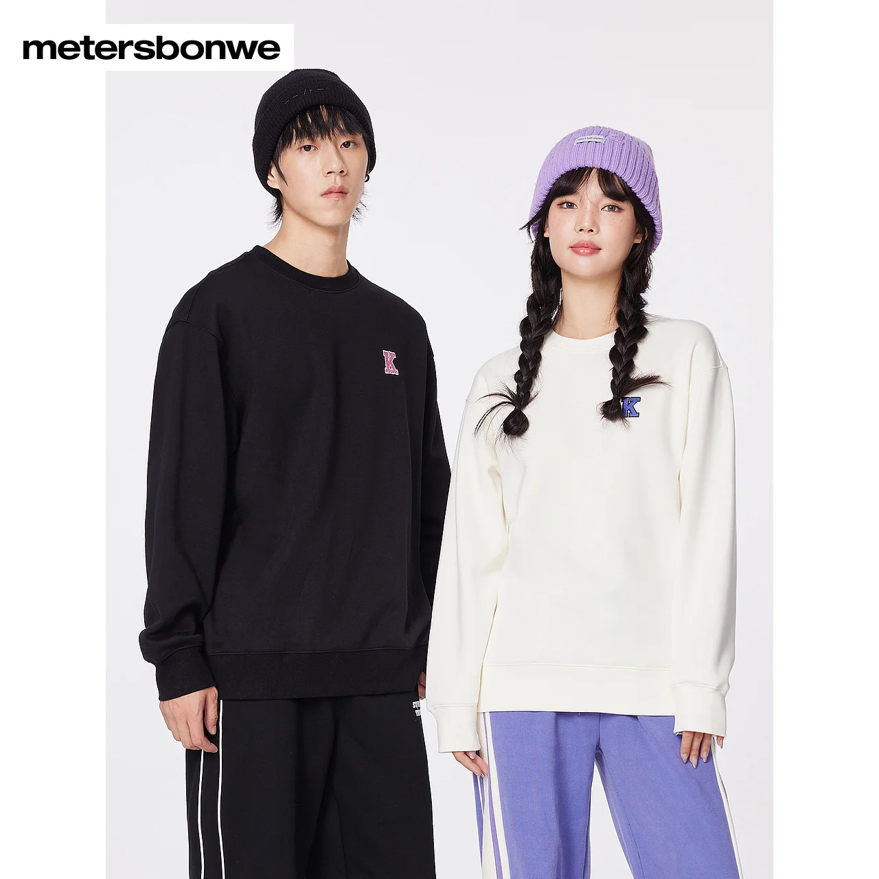 Metersbonwe-Men Women's Thick Fleece Crew-Neck Hoodie Black And White Solid Color Warm Wear Winter