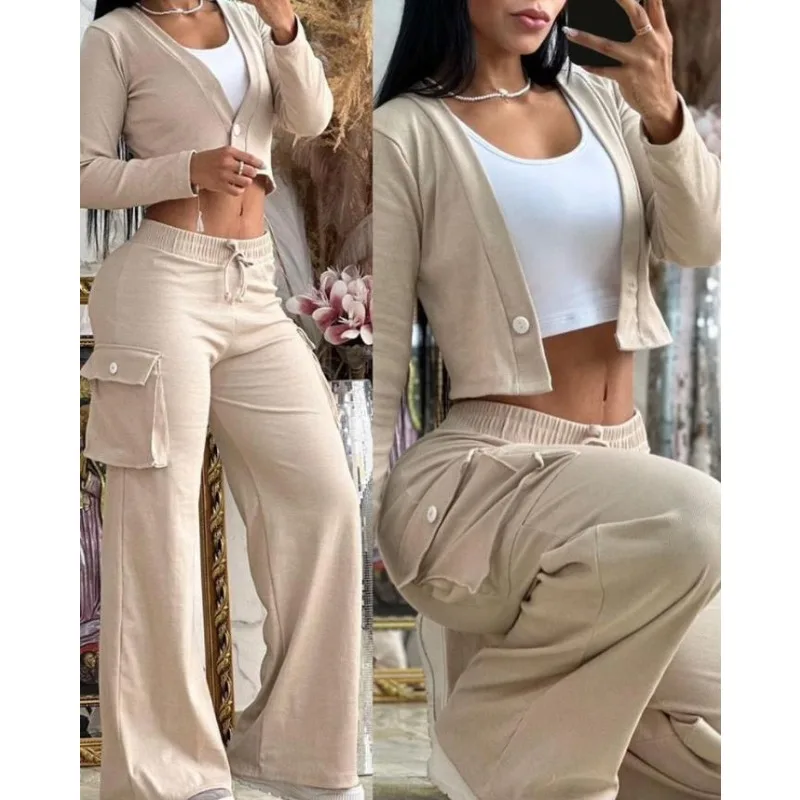 Spring Autumn Solid Slim Suit Women Long Sleeve Single Button V-neck Short Coat Drawstring Mid Waist Pocket Wide-Leg Pants Suit