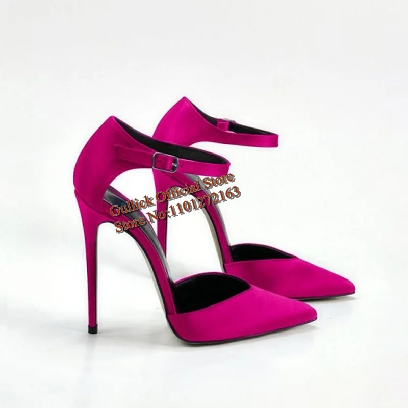 V Cut Satin Women Pumps Blue Fuchsia Purple Ankle Stretch Cloth Ankle Strap Pointed Toe Thin Heels Banquet Dress Shoes 12cm