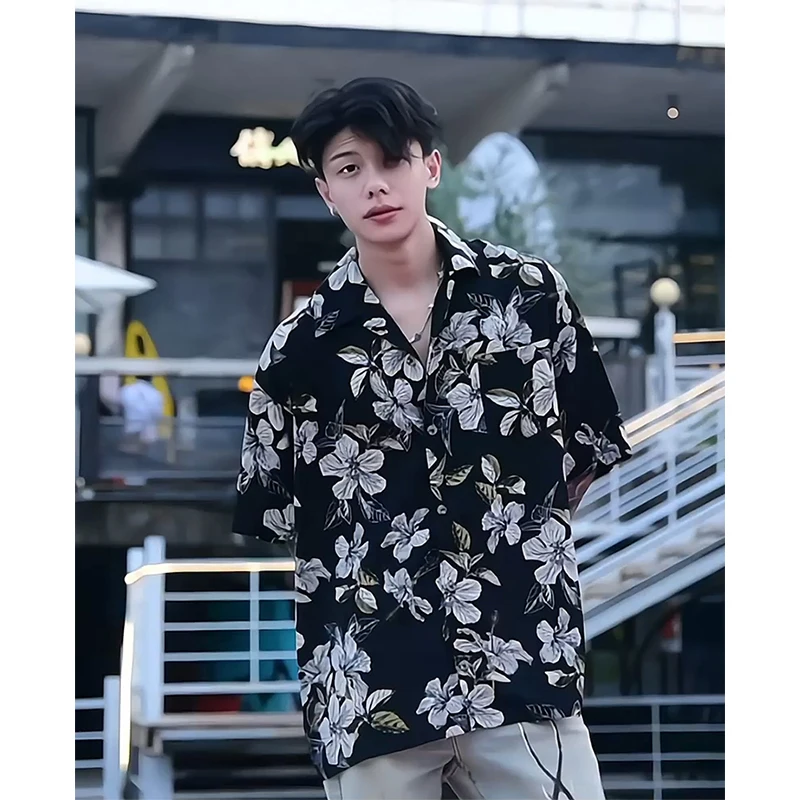 

Cuban Collar Ice Silk Thin irt Men's Summer Faionable Floral Print ort Sve Loose Fit Youthful Trendy Street Sle