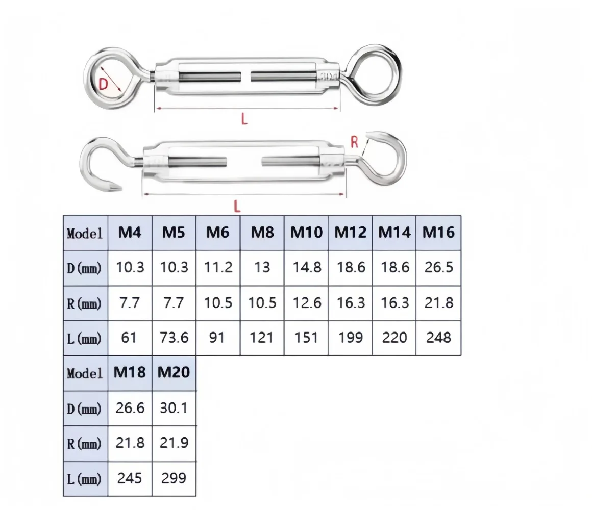 1Pc 316 Stainless Steel Turnbuckle, M4‑M20 OO CC OC Type Wire Rope Tension Adjust Chain Rigging Hook for Marine Hardware