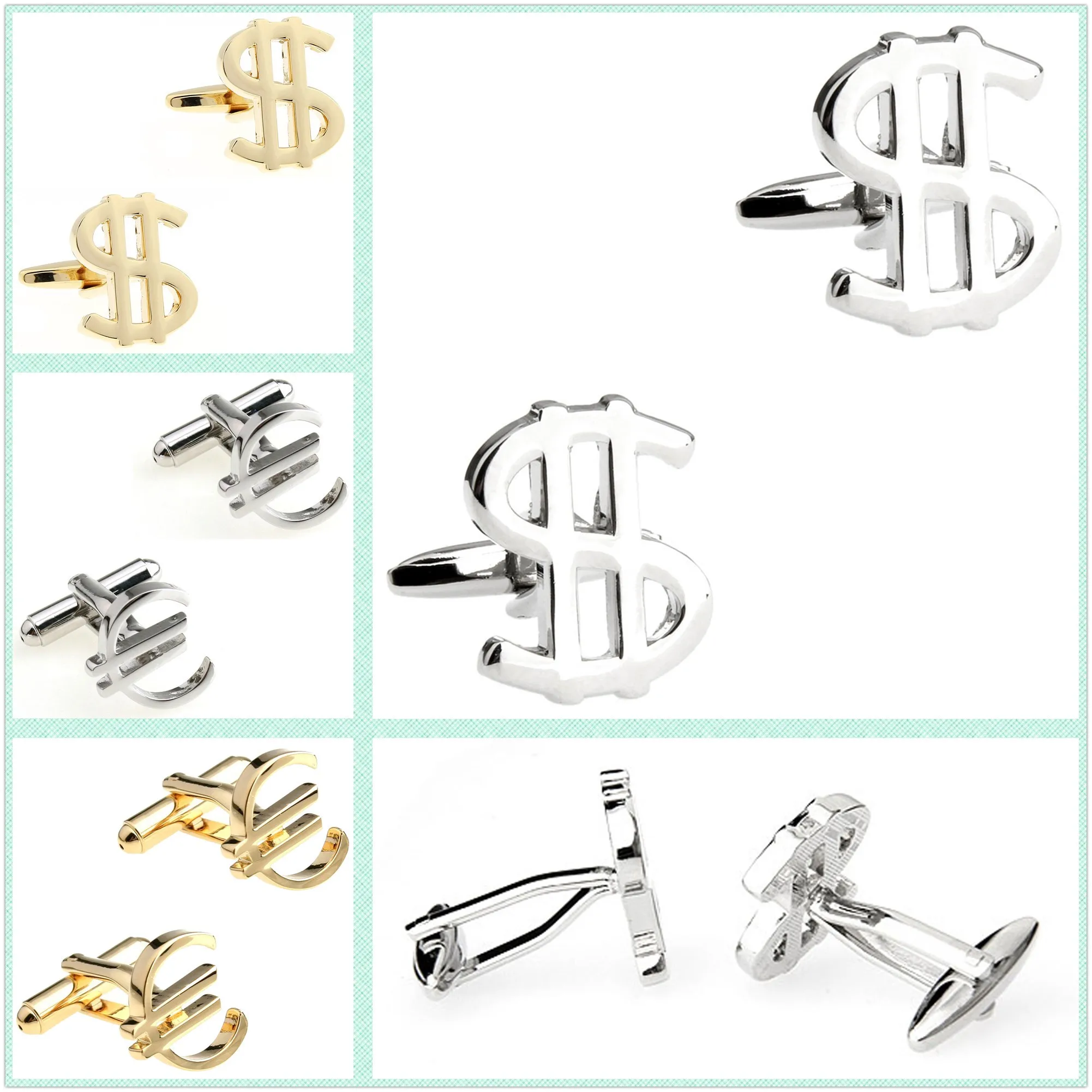 

4 Styles Wholesale Trendy Cufflink Mens Cuff Link Dollar Euro 50 Pairs