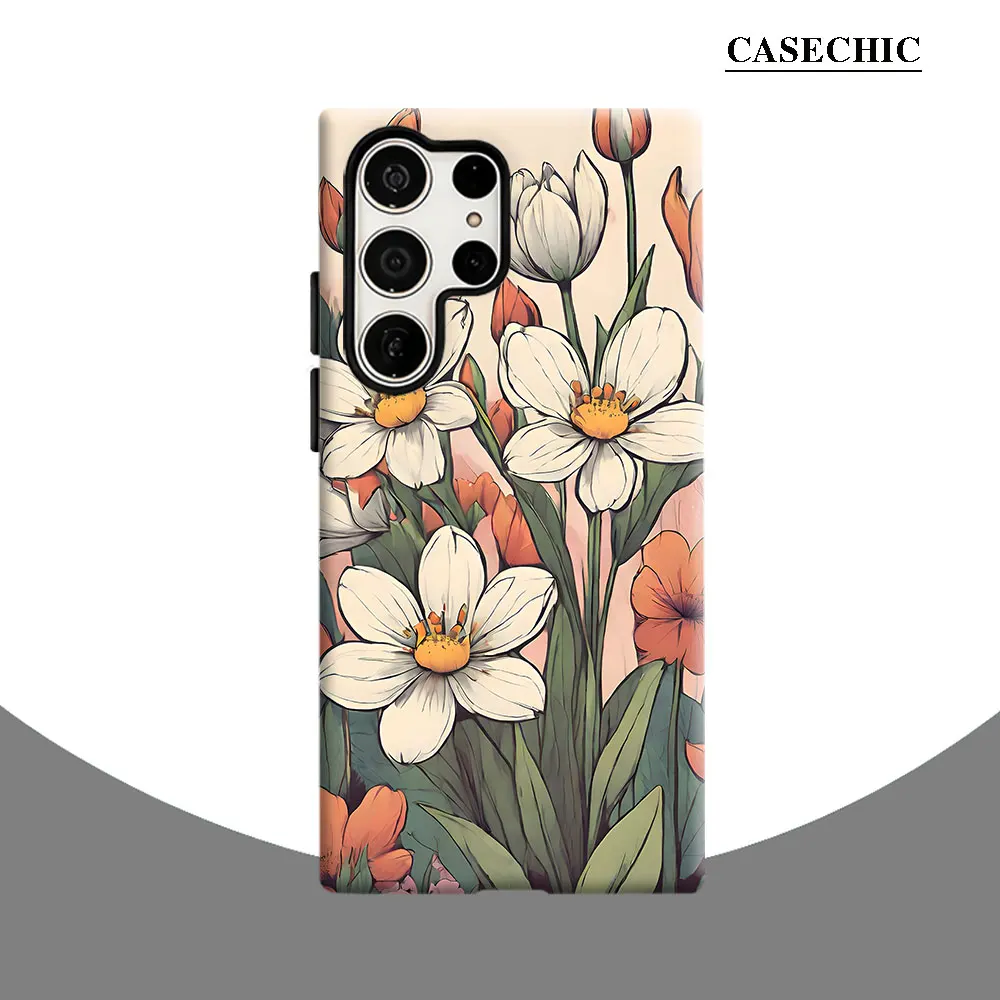 Retro Daisy Floral Phone Case for Samsung Galaxy S26 S25 Ultra S24 S23 Ultra Plus Shockproof Double layer tough Back Cover