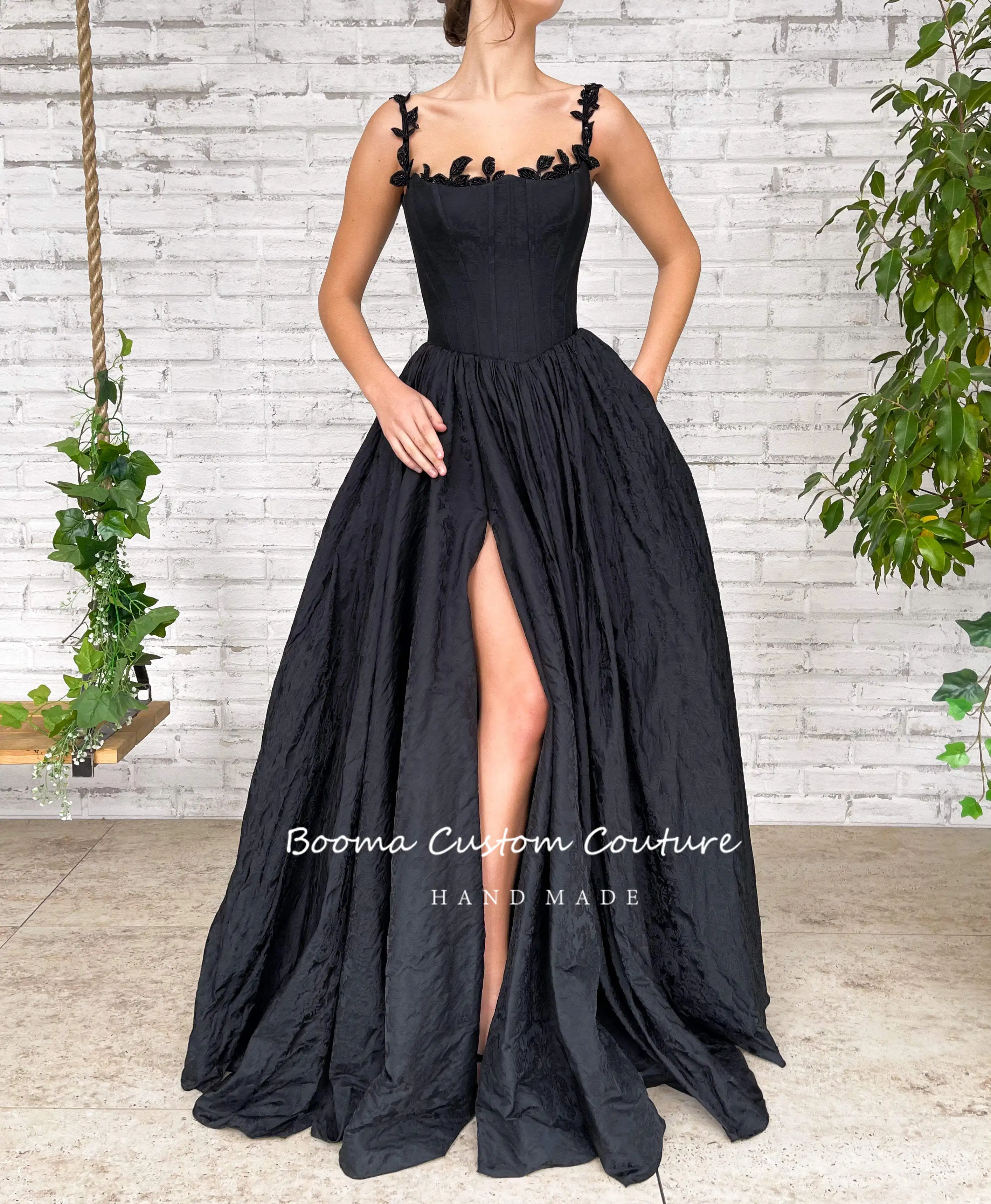 Booma preto impressão cetim a linha vestidos de baile sem alças desossado basco alta coxa fenda longo vestidos de noite formal vestidos de festa