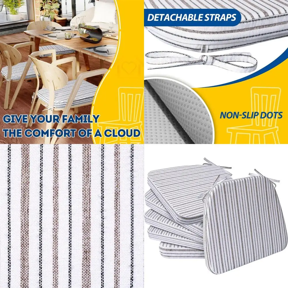 

Set of 6 Brown Pinstripe 2 Thick Dining Chair Cushions with Ties and Washable Covers, 17 x 16