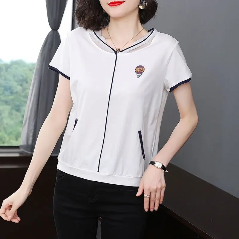 Women\'s Summer New Fashionable Commute Hooded Printed Spliced Zipper Loose Short Sleeve Pure Cotton Casual T-shirts Coats Tops