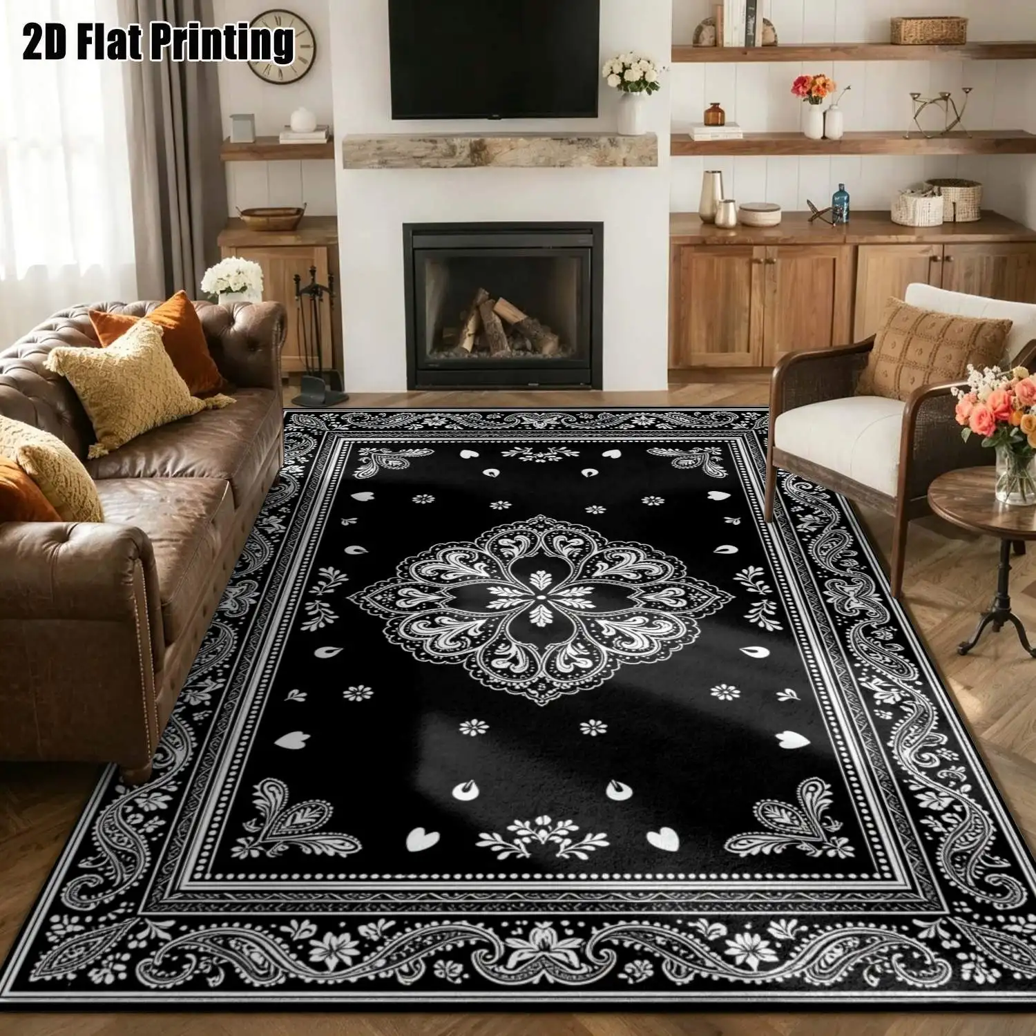 1Pc 2D Printed Paisley Carpet: Black&Gray Vintage/European/Bohemian Style, Home Decor, Multiple Sizes, Machine Washable, Multi-Scene Use