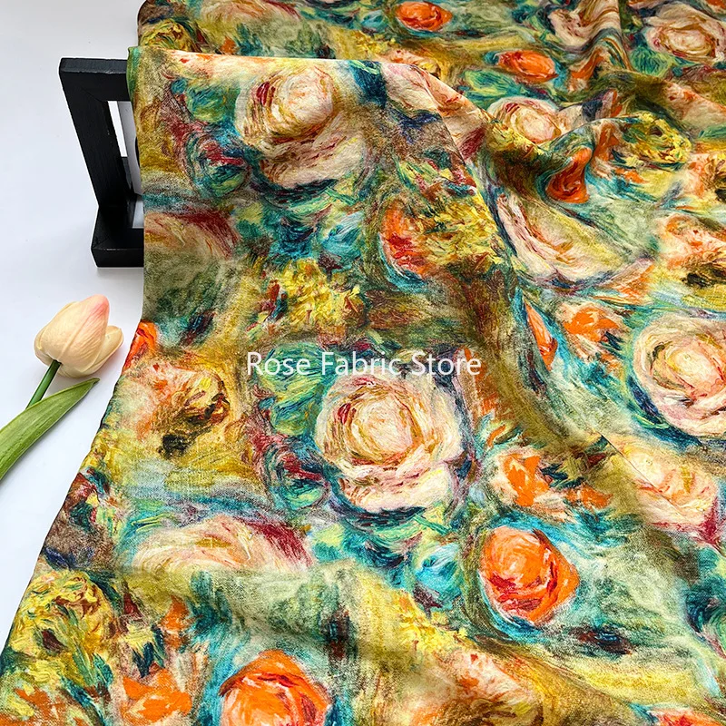 1 meter Oil Painting Style Rose Brocade Cotton Fabric Clothing Dress Handmade DIY Cloth Sewing Material