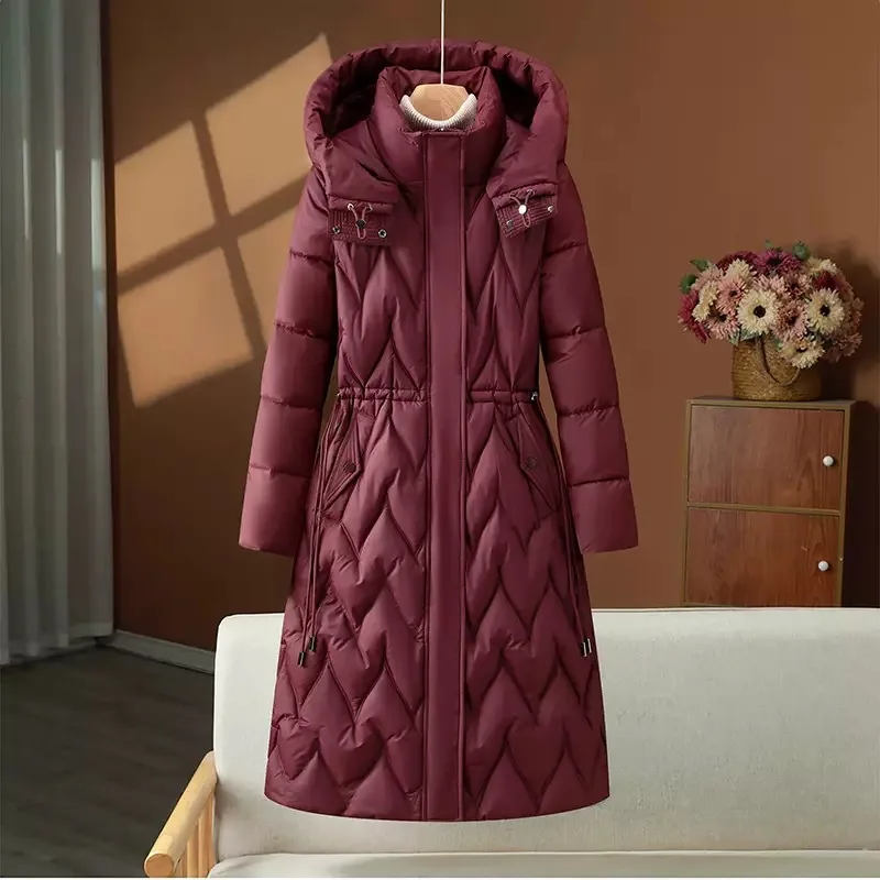 Lady's Winter Quilted Down Coat Drawstring Waist Figure-flattering Padded Coat For Women Long Over-the-knee Female's Jacket