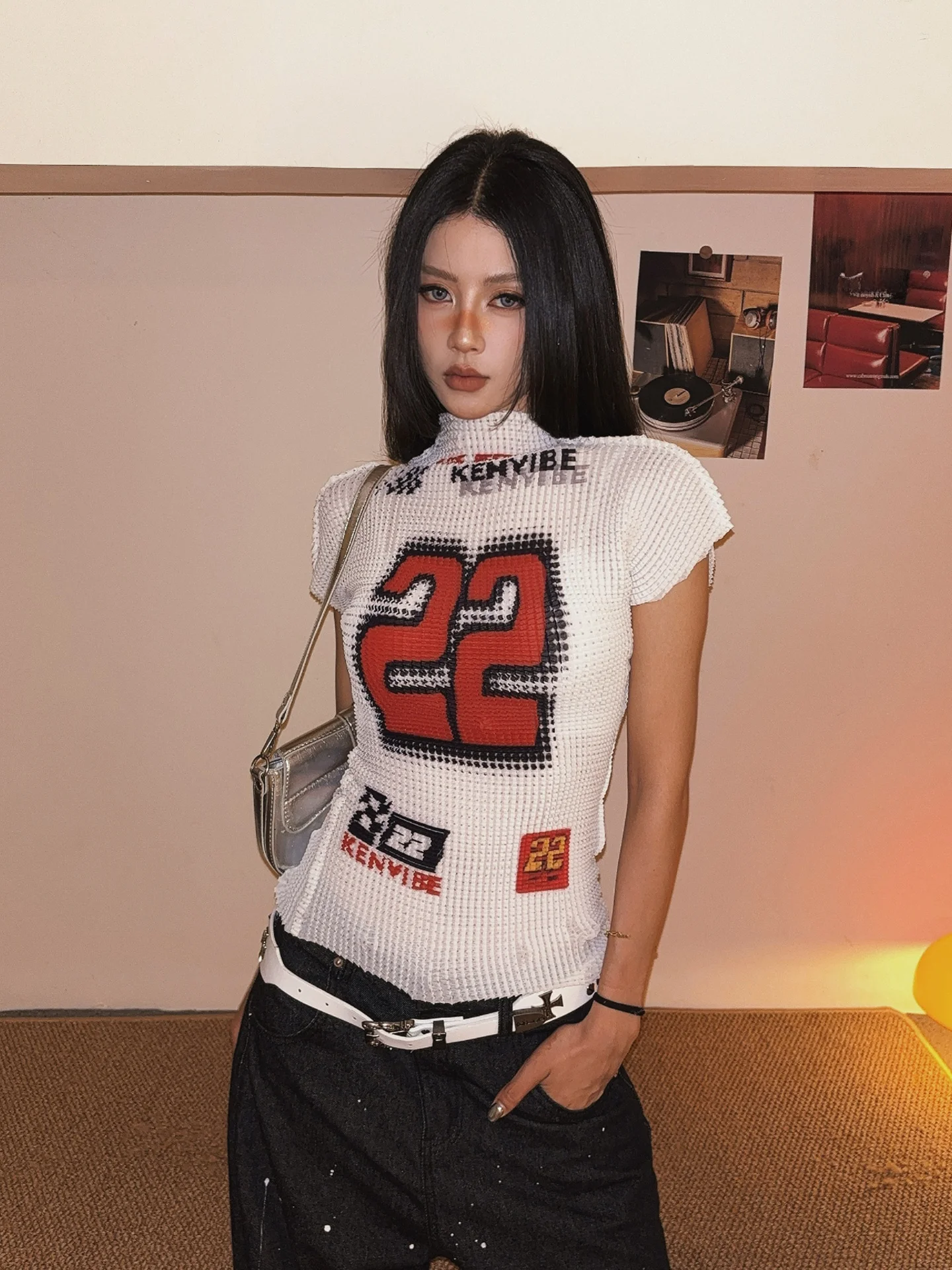 DoubleD American Motorcycle Girl Digital Print High Elasticity Pleated Shoulder Short Sleeve T-Shirt Women's Textured Top