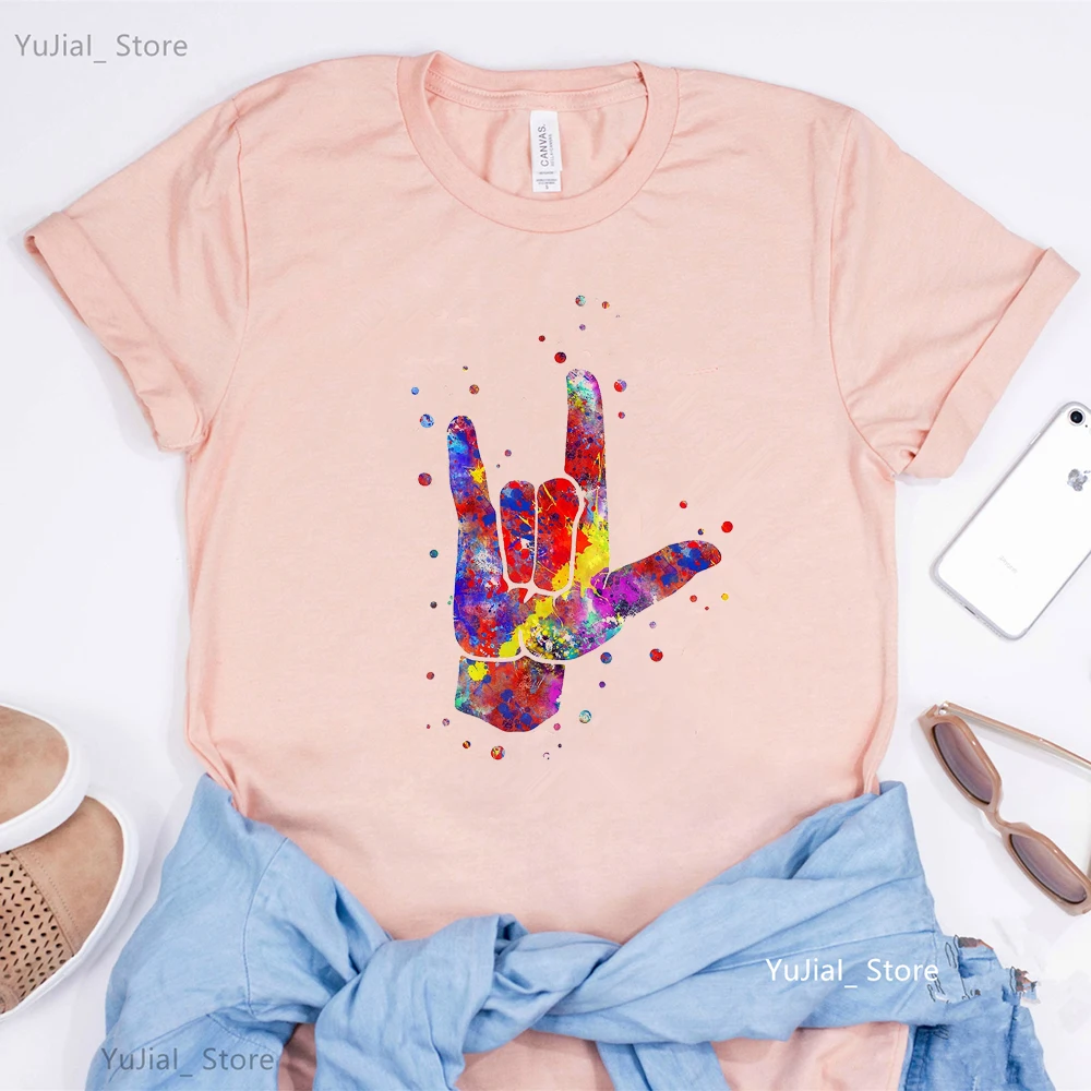 Watercolor Sign Language Of Love Print Pink Gray Tshirt Girls Summer Fashion Tops Tee Shirt Femme Short Sleeve T-Shirt Female