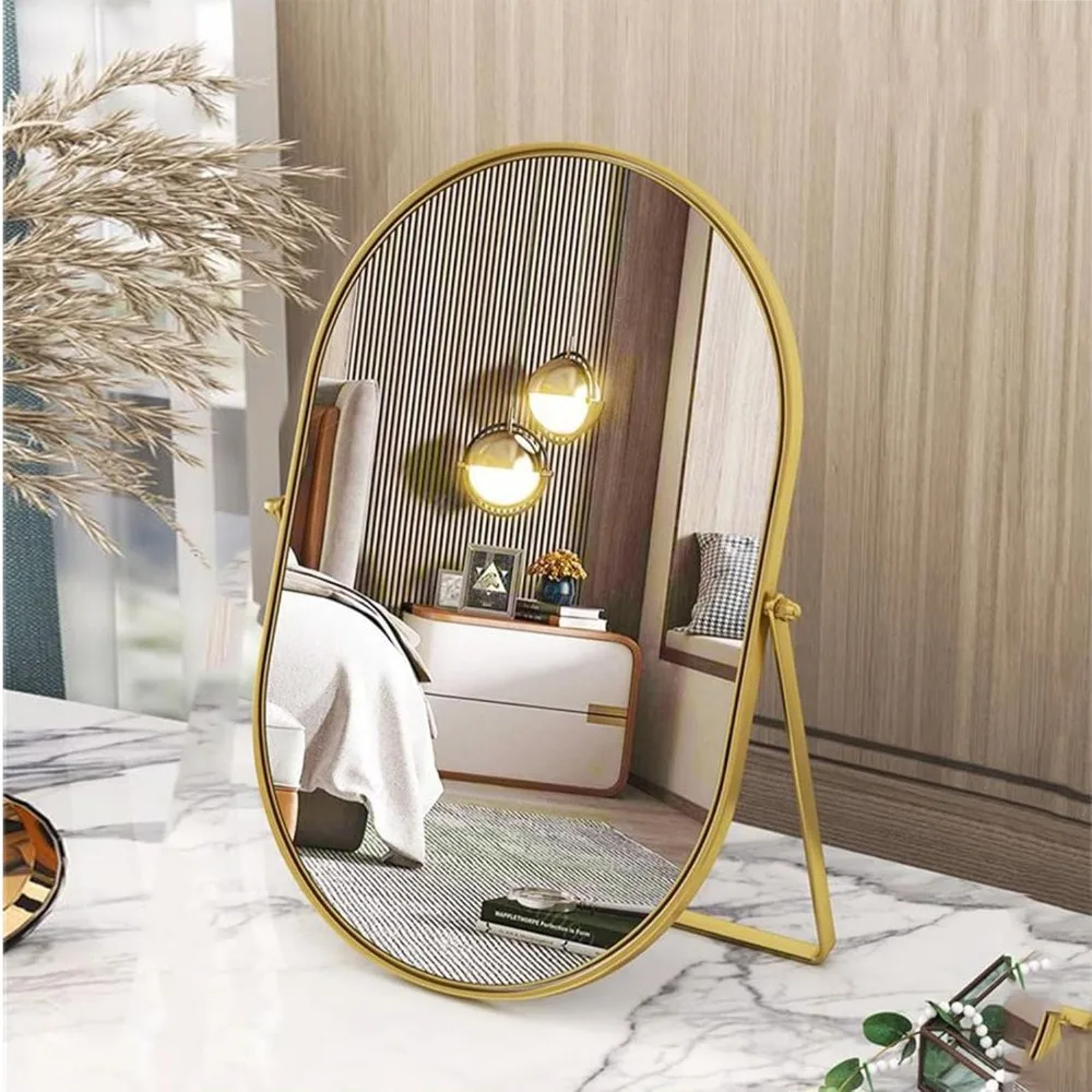 

Vanity Makeup Mirror with 90°Adjustable Rotation, Oval Golden Metal Framed Standing Table Mirror for Bedroom Bathroom