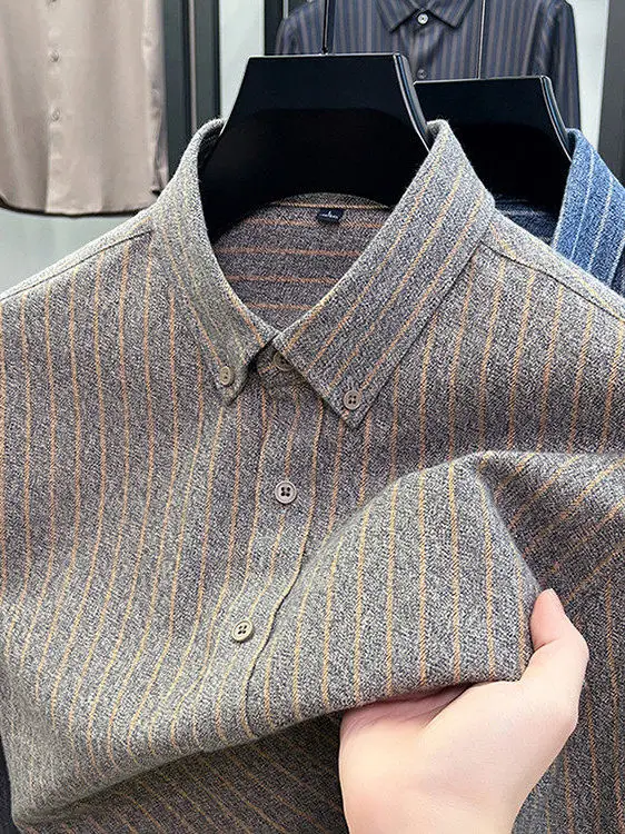 

High-End Long-Sve Striped irt for Middle-Aged Men Casual Pure Cotton Floing Iron-Free Busin irt Spring Faion Ci...