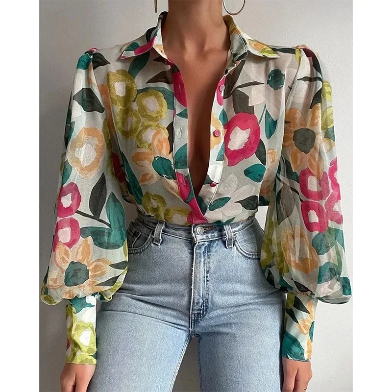 Vintage Flower Printed Lantern Long Sleeve Blouse Fashion Office Lady Floral Shirt Elegant Button Long Sleeve Tops Blusas 21620