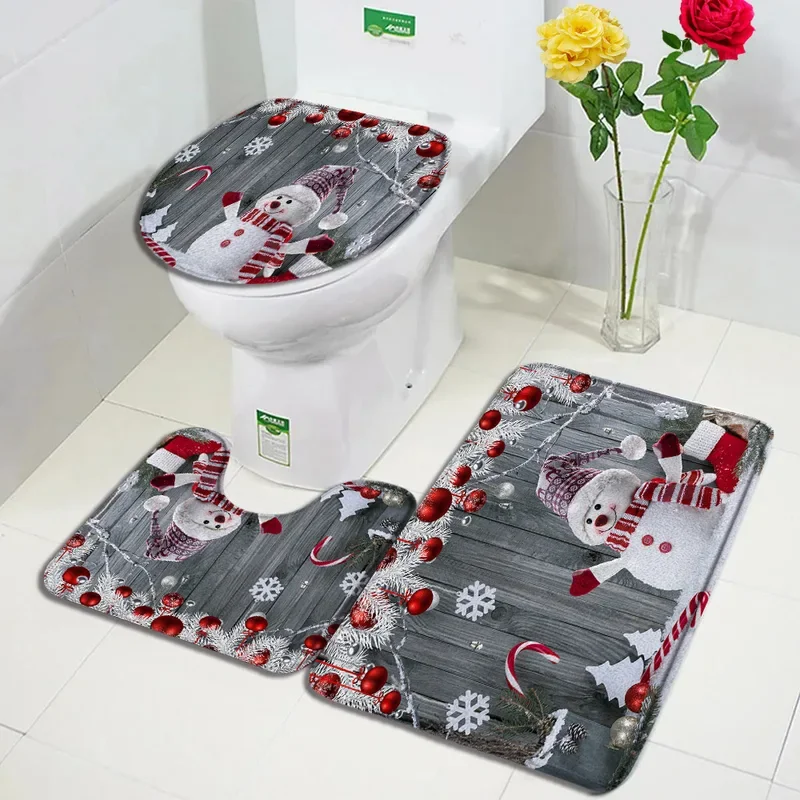Ensemble de polymères de bain de Noël, bonhomme de neige mignon, branche de sapin, flocon de neige, boule de Noël, planche en bois, décoration d'intérieur, tapis coordonnants, couvercle de toilette, nouvel an