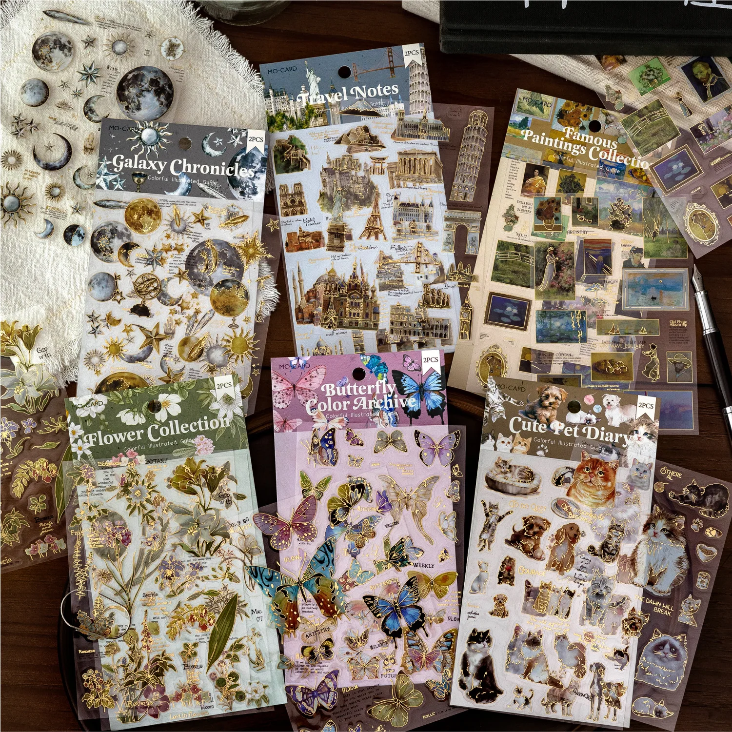 2pcs Stickers Colorful Vintage Style Gold Foil Die-cut Sticker Book Diy Handmade Scrapbook Aesthetic Stationery