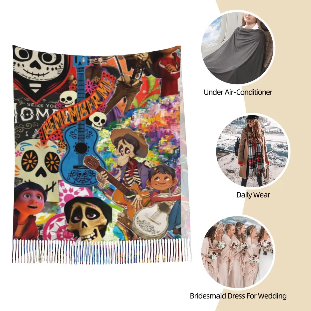 وشاح نسائي مع شرابة كوكو ميغيل الهياكل العظمية الأزهار طويلة شال ناعم والتفاف القطيفة يوم الموتى ارتداء اليومي وشاح الكشمير #3