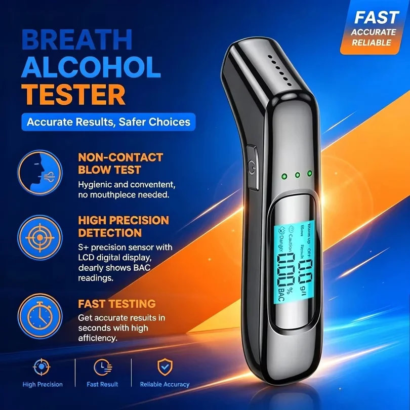 Non-Contact Breath Alcohol Tester Rechargeable High Accuracy LCD Digital Breathalyzer Fast Test LED Warning Portable for Driver