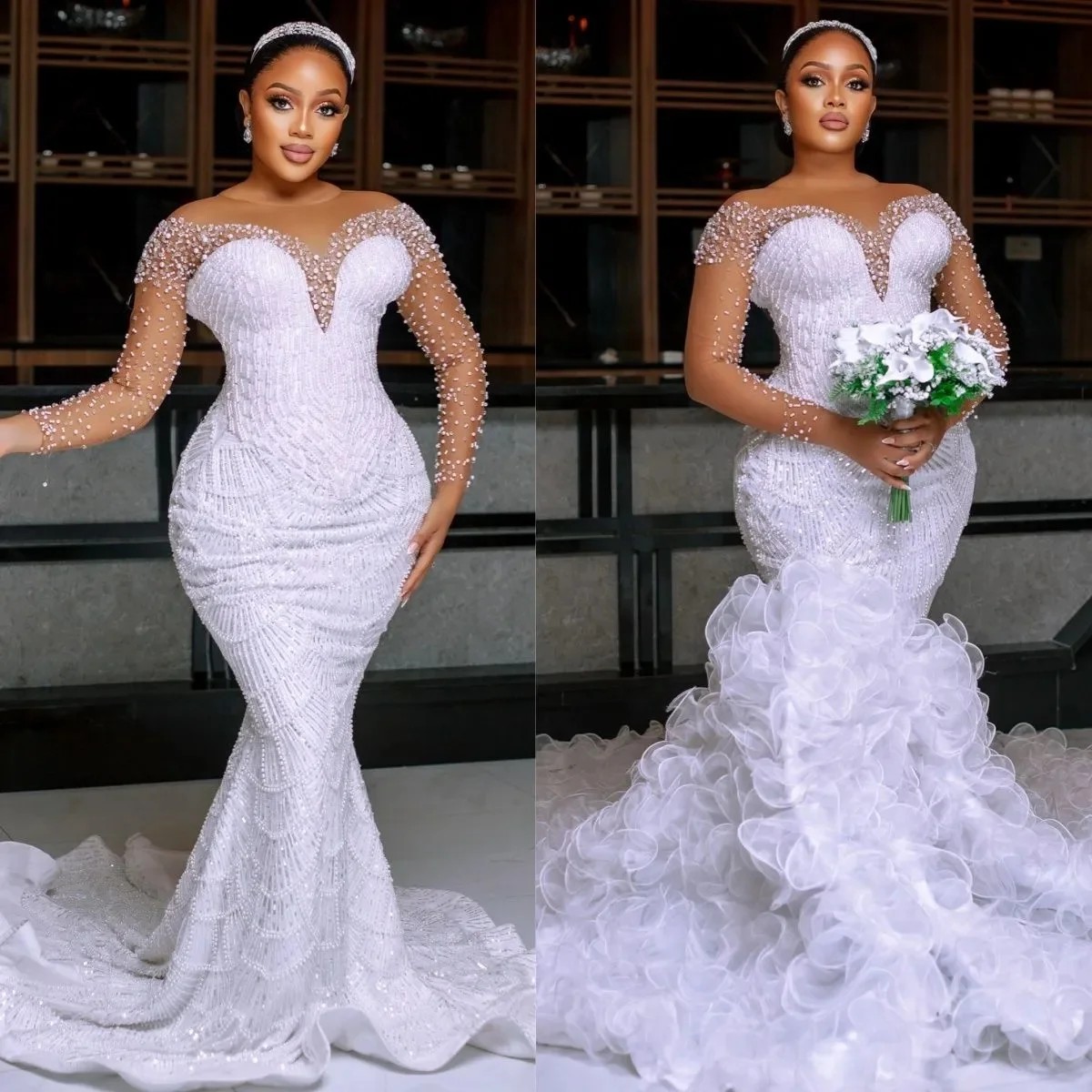 Customized Plus Size Wedding Dress Bride Mermaid Wedding Gowns Detachable Train Illusion Sheer Neck Long Sleeves Pearls Dresses