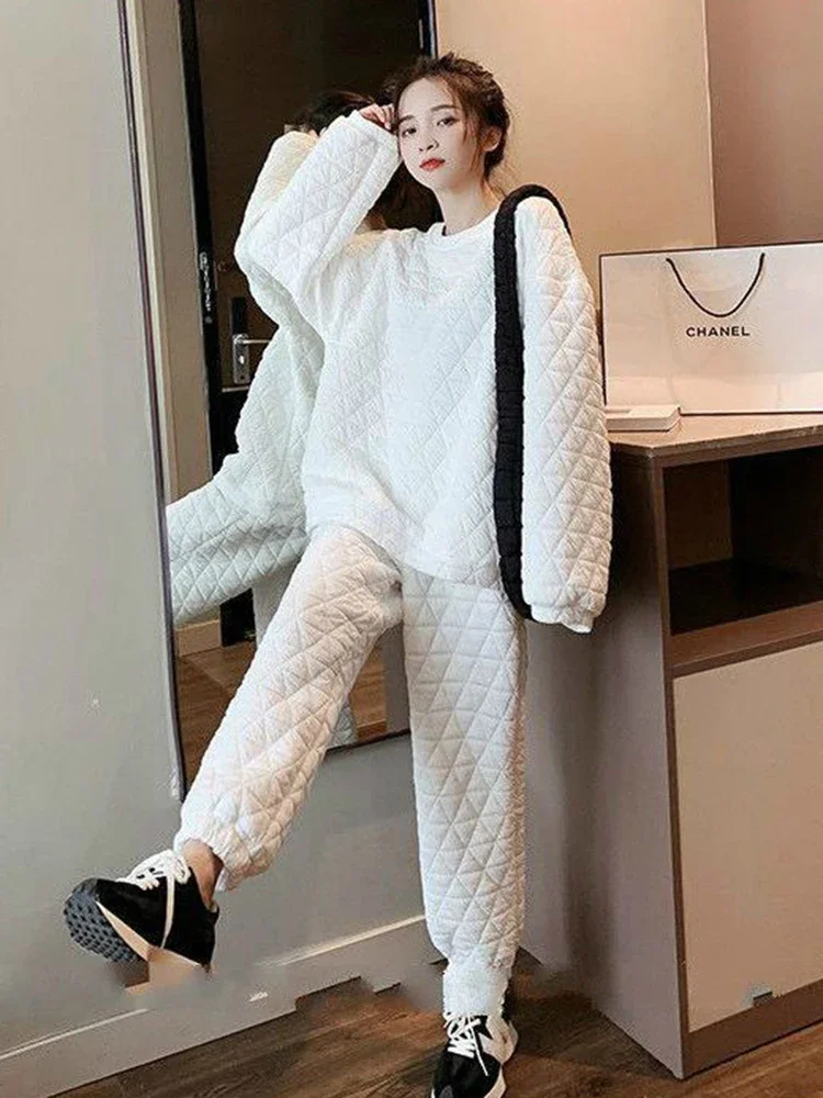 Quilted Sweatshirt O- Neck 2 Piece Set Thicken Warm Casual Thick Pullover Top Conjunto Baggy Wide Leg Ankle-length Jogger Outfit