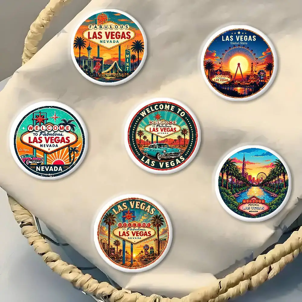 Retro Las Vegas Sunset Badges Tinplate Soft Button Pin Brooch Metal Badge Custom Jewelry Accessories Hat Bag Lapel