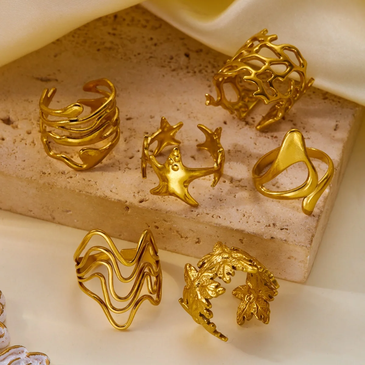 Edelstahlringe mit unregelmäßigen Wellen, Korallen, Seesternen und Blumen für Damen und Herren, Retro-Punk, florale Blätter, geometrische Linien, Boho-Schmuck – Detail 22
