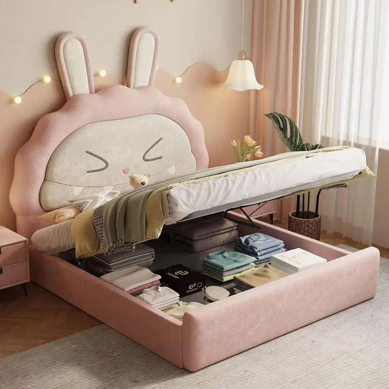 &*Modern Bedroom for Home Use Rabbit Kids Twin Leather Bed Animal Shaped Luxury High End Children Bedroom Furniture