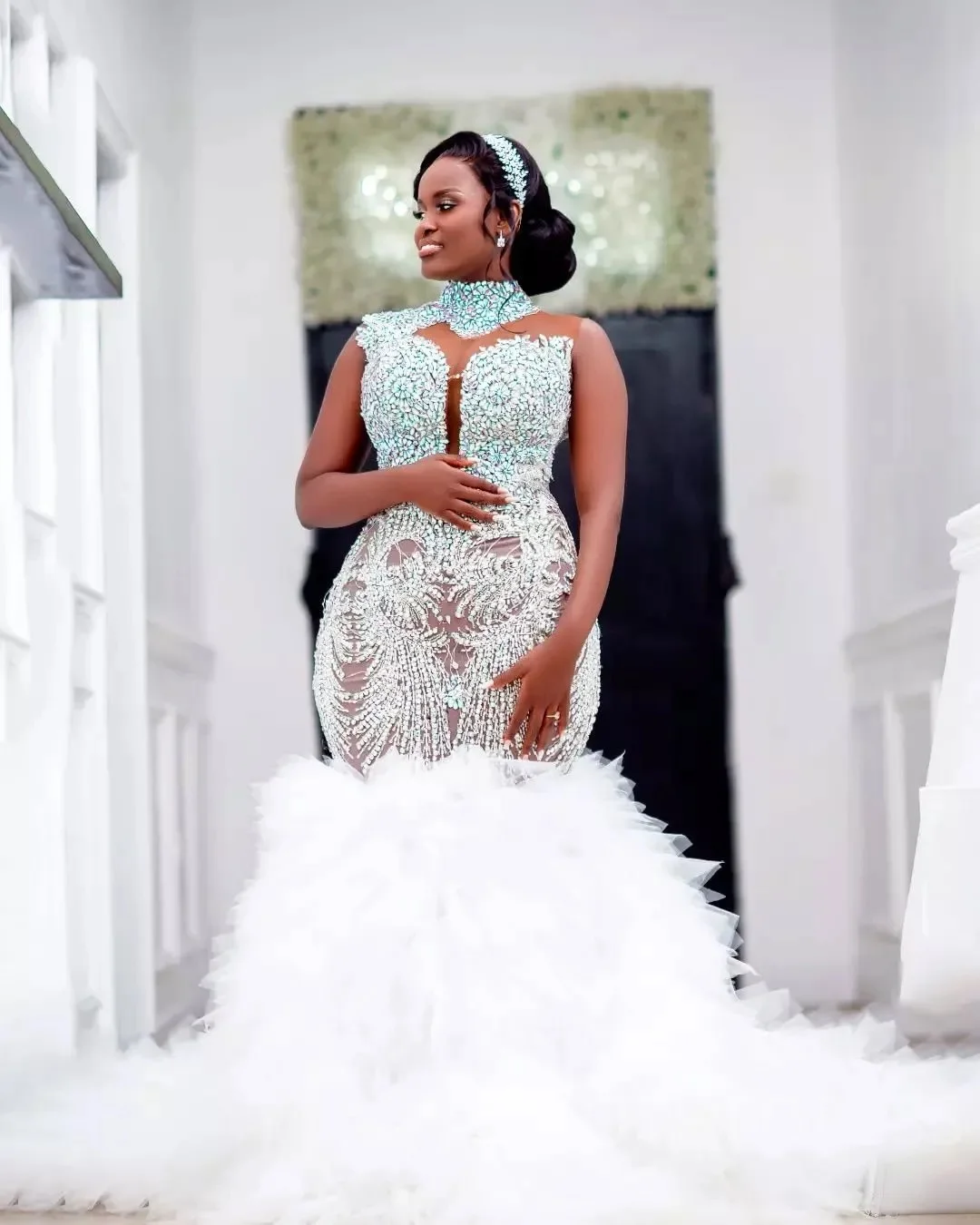 Customized Mermaid Wedding Dress For Bride Bridal Gowns High Neck Appliqued Beaded Lace Pearls Crystals Ruffled Wedding Gowns