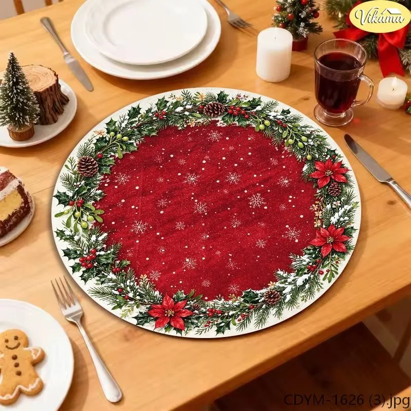 VIKAMA Christmas Round Placemats, White Edge Red Glitter Center Pine Holly Poinsettia Pinecone Wreath Ring