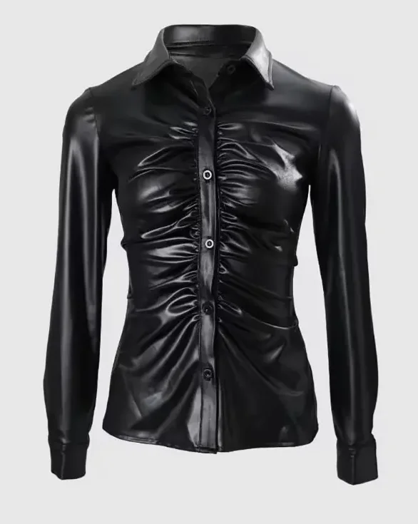 Women\'s Faux Leather Button Front Shirt with Ruched Lapel Collar Stylish and Comfortable Long Sleeve Top