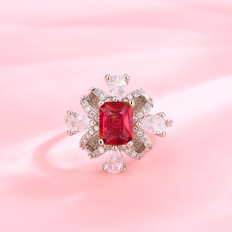 New Daisy Flower Pigeon Blood Opening Ring 925 Silver Micro-set Pigeon Blood Colored Gemstone Zircon Ring Party Jewelry Gift