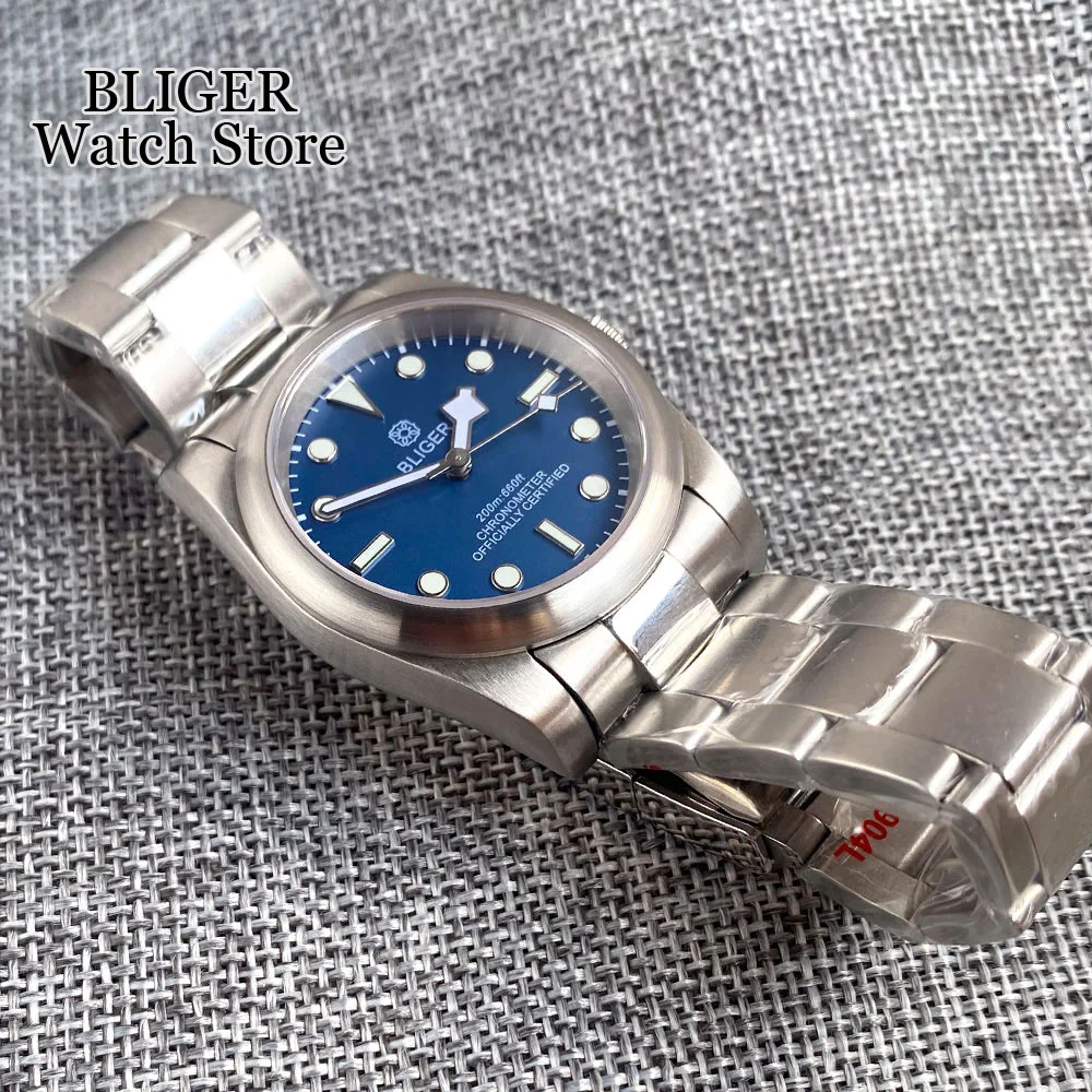 BLIGER 36mm 39mm Brushed Case Automatic Men Watch NH35A PT5000 Luminous Snow Flake Hand Sapphire Steel Bracelet Blue Green dial