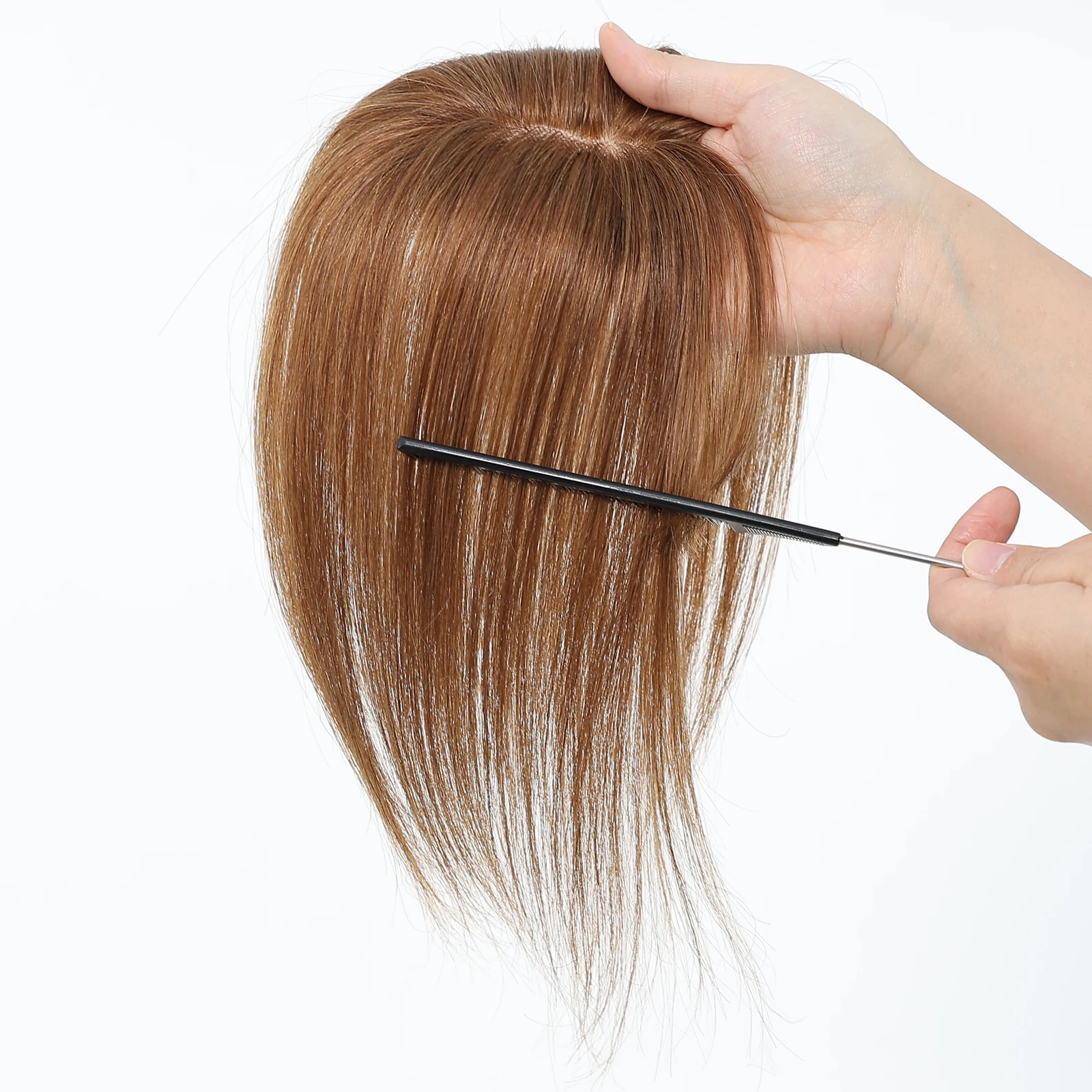 Rambut Asli Remy Warna Cokelat Muda 10 Inci dengan Alas Sutra dan Poni, 3 Jepitan, untuk Wanita, Ekstensi Rambut Asli untuk Penggunaan Sehari-hari