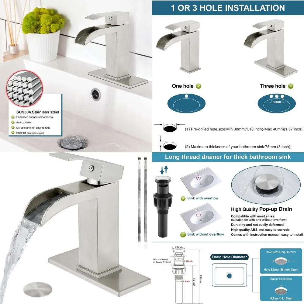 

Смеситель для ванной комнаты с одной ручкой из нержавеющей стали и выдвижным сливом, 1 или 4 дюйма, 3 отверстия, отделка из матового никеля