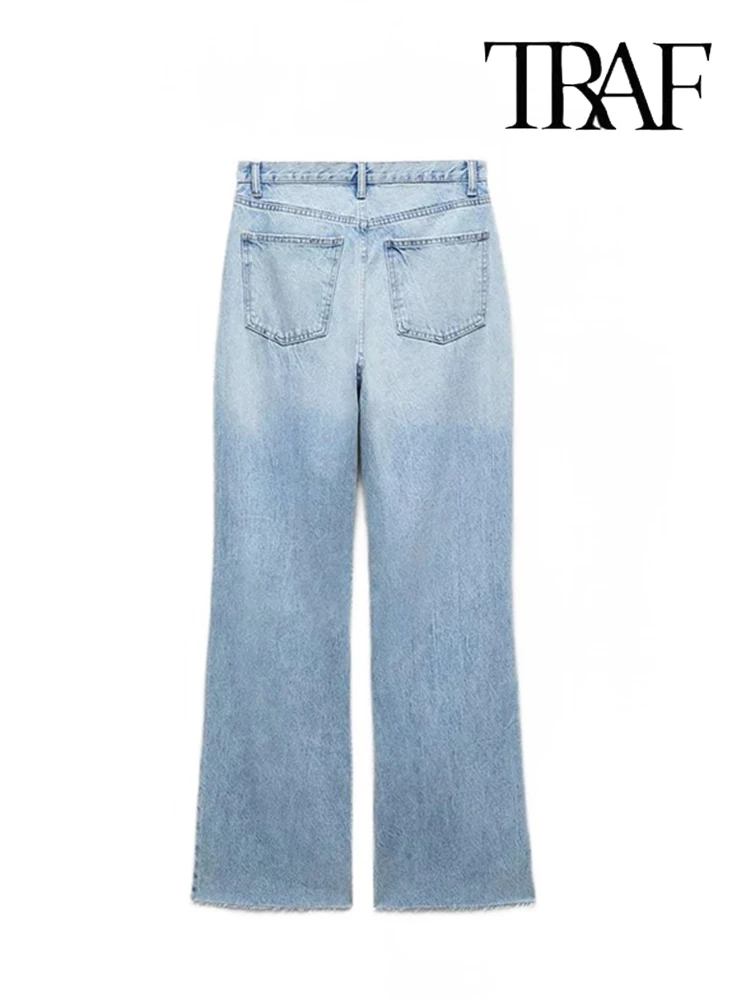 TRAF Damskie jeansy z ozdobnymi przetarciami Niebieskie spodnie Metalowy zamek błyskawiczny Prosta nogawka Casual Streetwear Jeansy z wysokim stanem