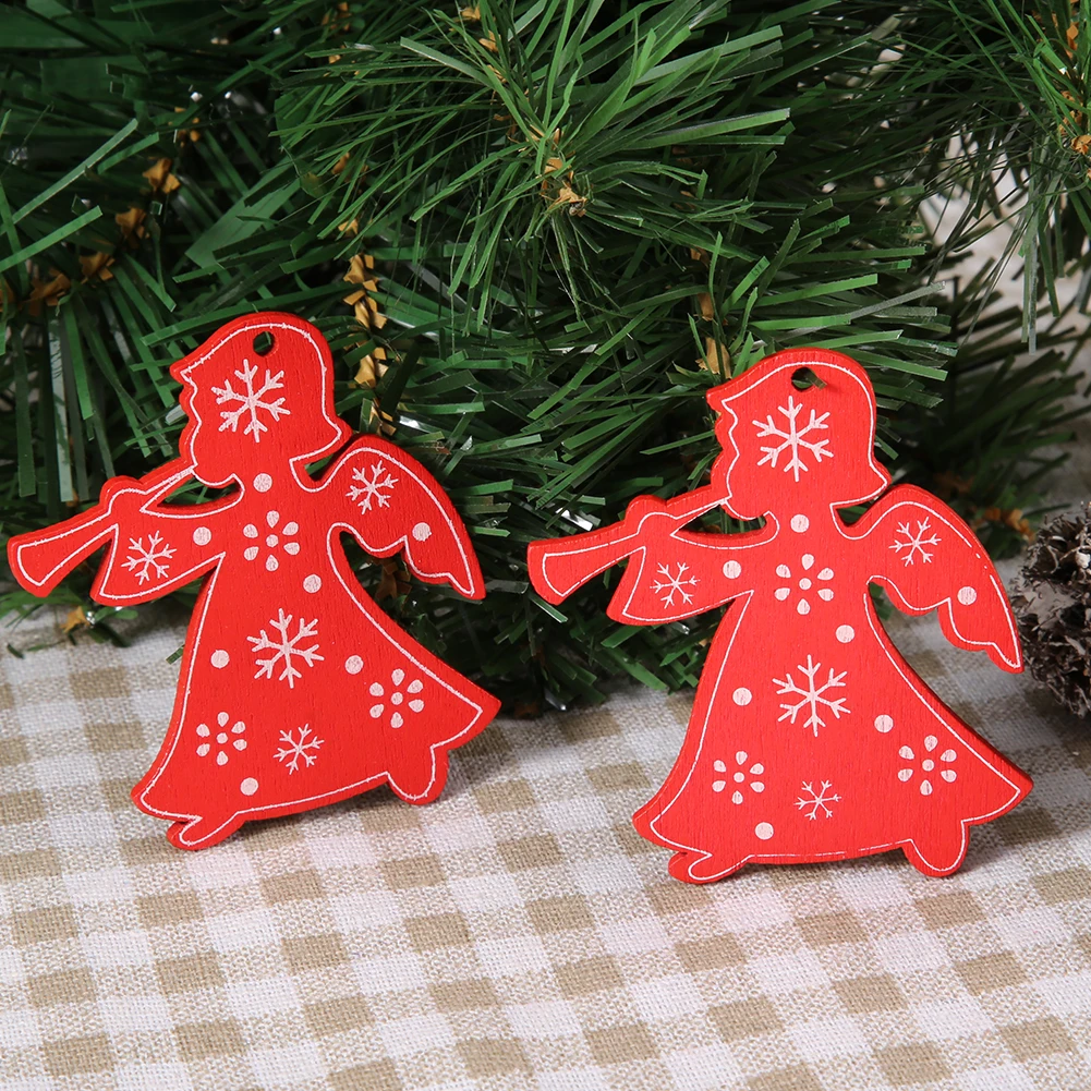 50Pcs Christmas Wooden Pendant Decorative Ornament Home DIY Accessory Painted Artware Angel Beer Xmas Tree Five-Pointed Star