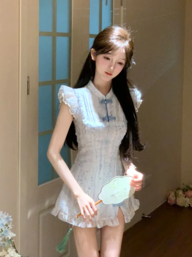 

XZY Xinzhengyan Китайское летнее платье-ципао с коротким рукавом для женщин, пышная юбка А-силуэта больших размеров, повседневная одежда