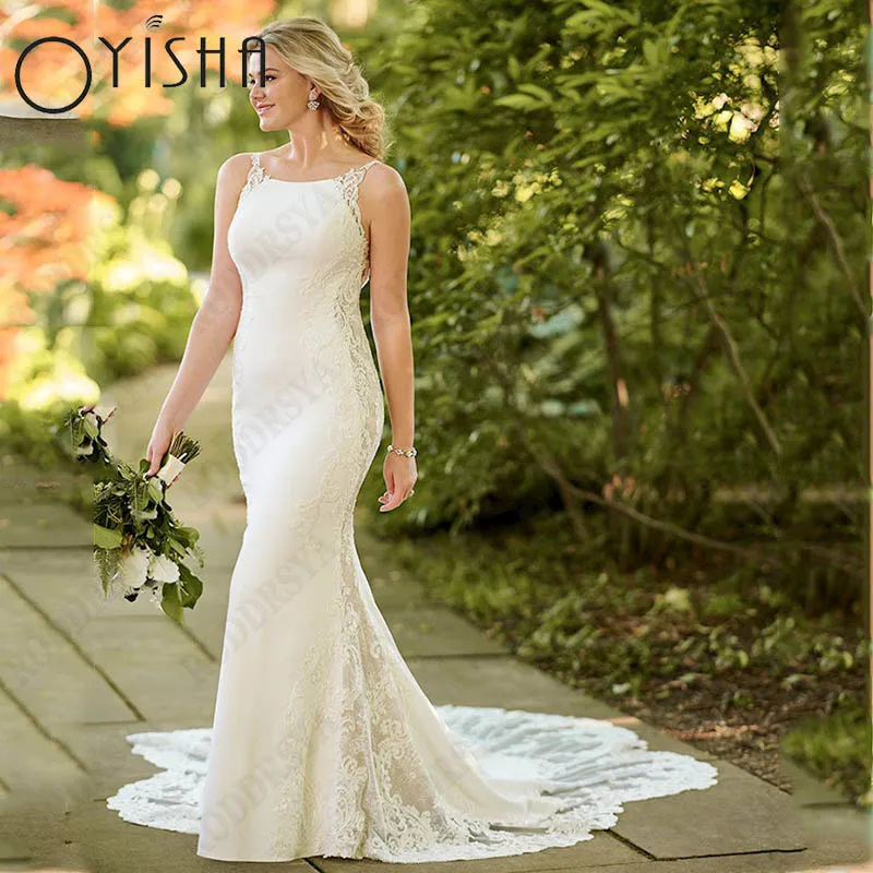 Oyisha Boho U-Ausschnitt Brautkleider Spaghtti Träger Applikationen Brautkleid rücken frei ärmellose Knöpfe Robe Mariée nach Maß Boho Rundhalsausschnitt Brautkleider Spagehtti Träger Applikationen Brautkleid Rückenfrei