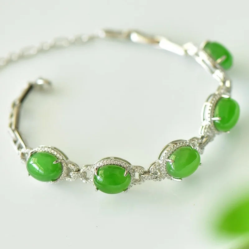 SGARIT Authentic Jadeite Hetian Jade S925 Silver Inlay 10*18mm Cabochon Fashion Chain Bracelet Aesthetic Comfort Fine Texture
