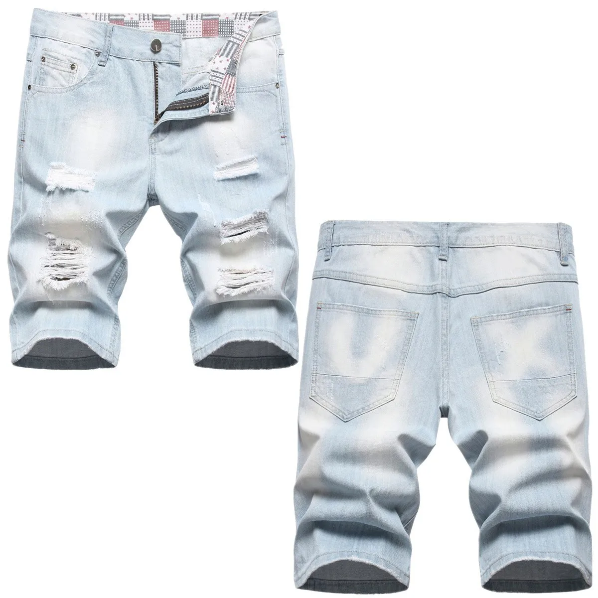 Ripped Holes Denim Shorts Men's Summer Distressed Denim Shorts Stylish Button Fly Multi-pocket Design Slim Fit for Youthful