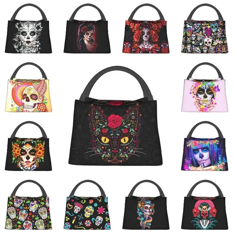 Day Of The Dead Kitten Cat Sugar Skull Thermal Insulated Lunch Bags Women Mexican Halloween Floral Lunch Container for Food Box