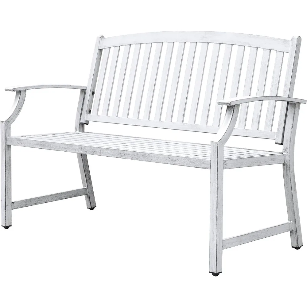 Farmhouse Outdoor Bench, Garden Benches with Rust Free Aluminum Metal Powder Coated Frame, Faux Wood Grain Finish