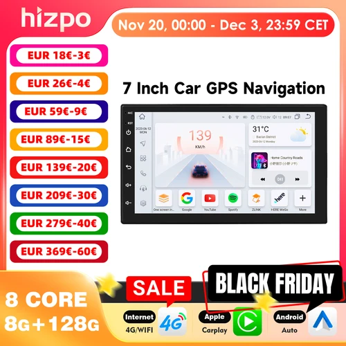 HIZPO 7 ""Android 14 Auto Carplay estéreo Universal 2 din Radio de coche reproductor Multimedia GPS para Toyota Nissan Hyundai KIA Volkswagen