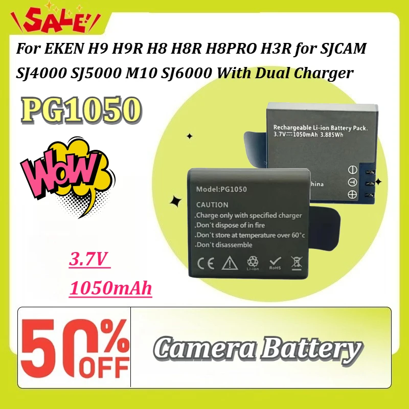 PG1050 3.7V 1050mAh Action Camera Battery For EKEN H9 H9R H8 H8R H8PRO H3R for SJCAM SJ4000 SJ5000 M10 SJ6000 With Dual Charger
