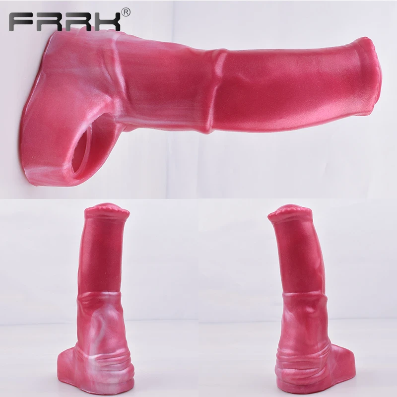 FRRK Super Soft Silicone Horse Dildo Penis Sleeve Red Dragon Colorful Cock Sheath Enlargement Dick Extend Hollow Sex Toy for Men