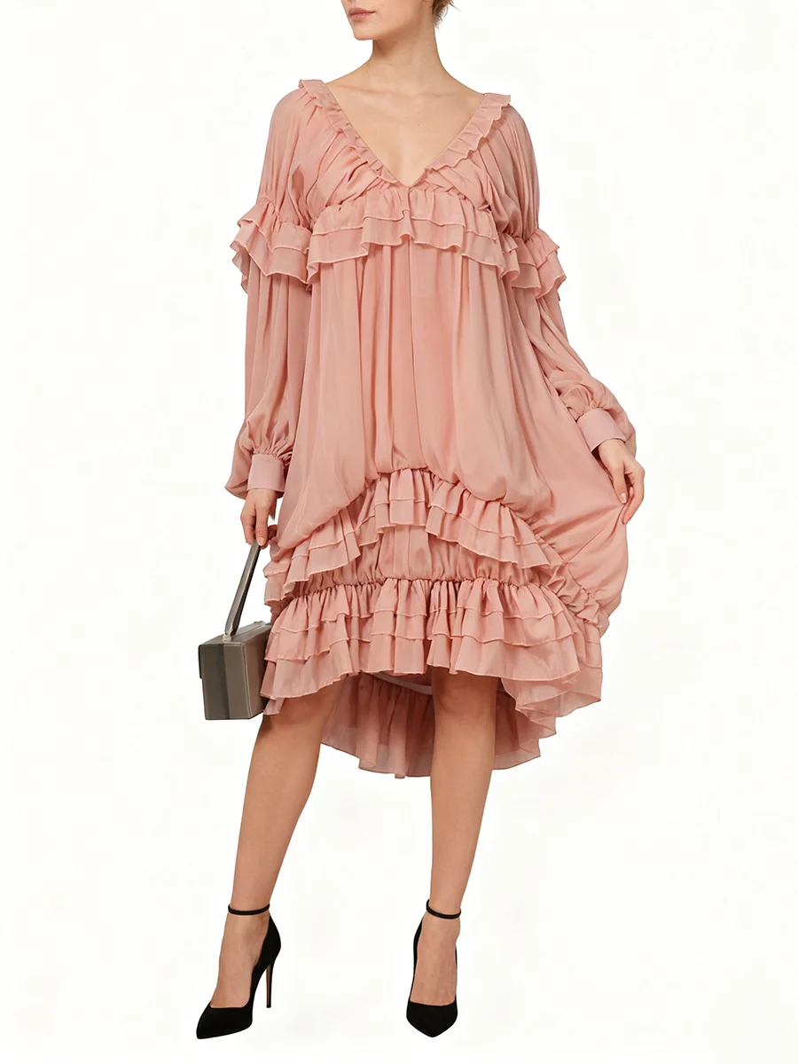 ชุดเดรสทรงหลวมแบบเรียบหรูสำหรับผู้หญิง คอวี แขนยาวทรงโคมไฟ ดีไซน์ทันสมัยสำหรับฤดูร้อน เหมาะสำหรับงานปาร์ตี้ ชุดเดรสจับจีบ สไตล์แฟชั่นสำหรับผู้หญิง