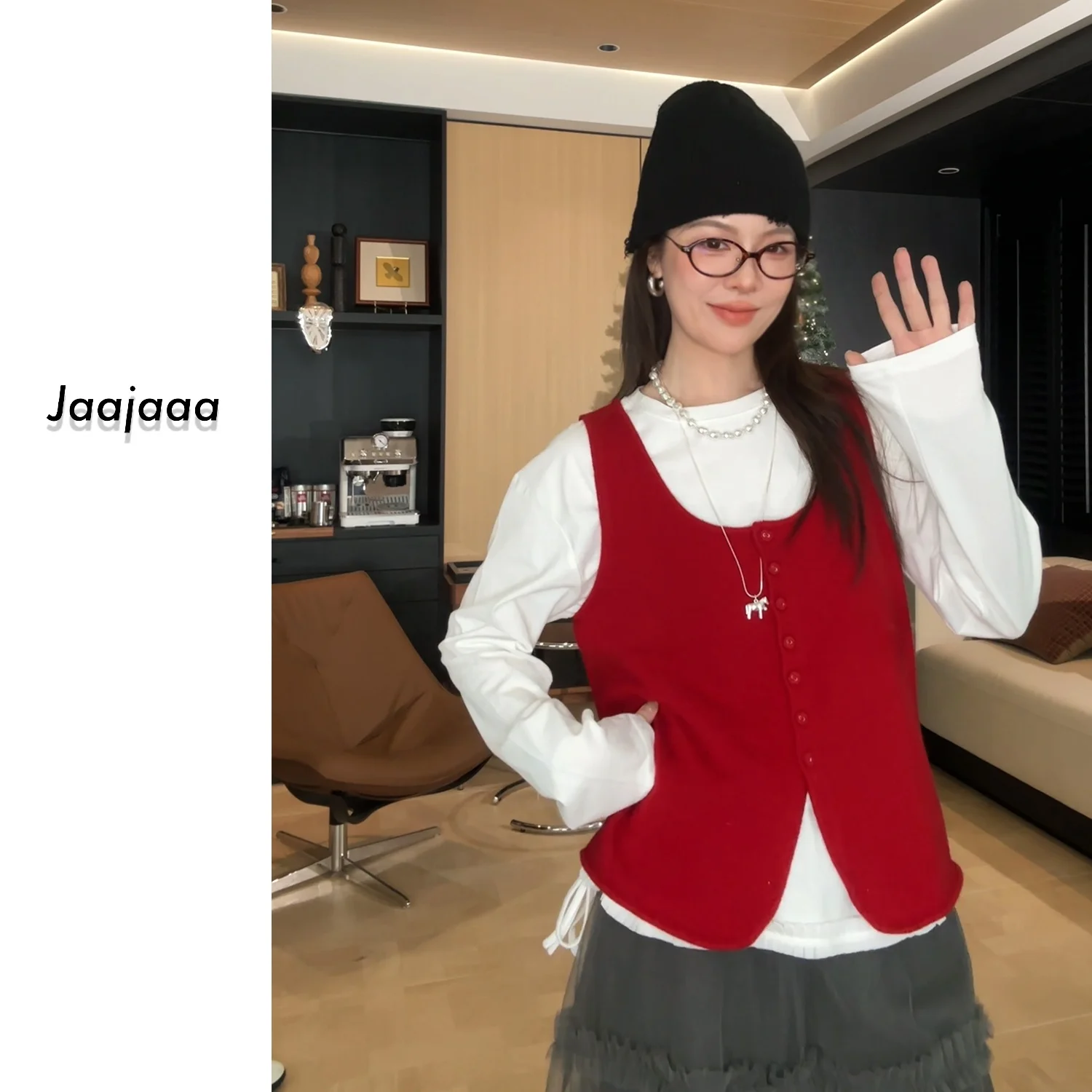 

Jaajaaa Nice Sunset 00 Woolen Knitted Vest Pure Color Single Button Layering Women's Faion Soft Straight Cut U-Ne ort
