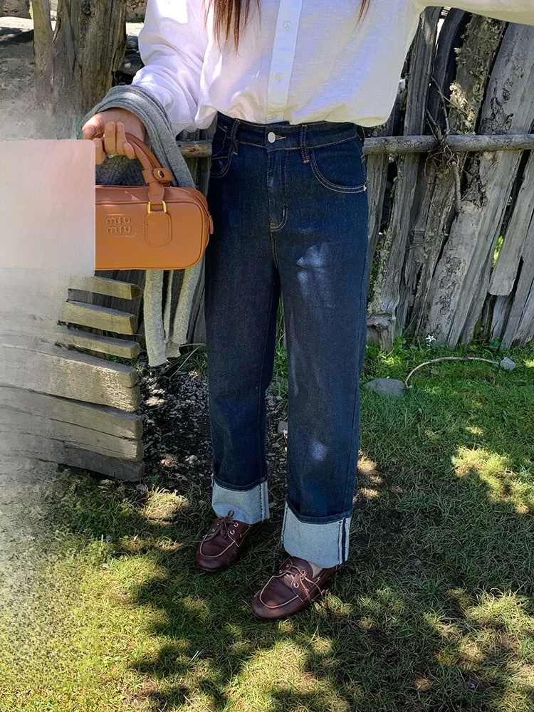 

Джинсы EVNSLE Ox Plan с высокой талией, прямые, из денима, новые осенние, женские, премиум-класса, модные