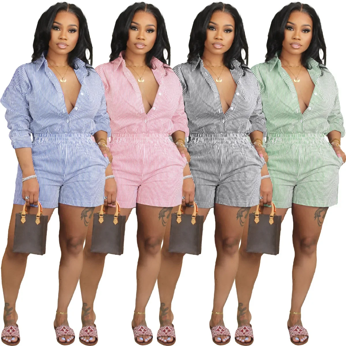 

Street Striped Print Women's Set Full Sleeve Shirt and Shorts Suit 2025 Cute Girl Summer Two 2Piece Set Outfit Tracksuit