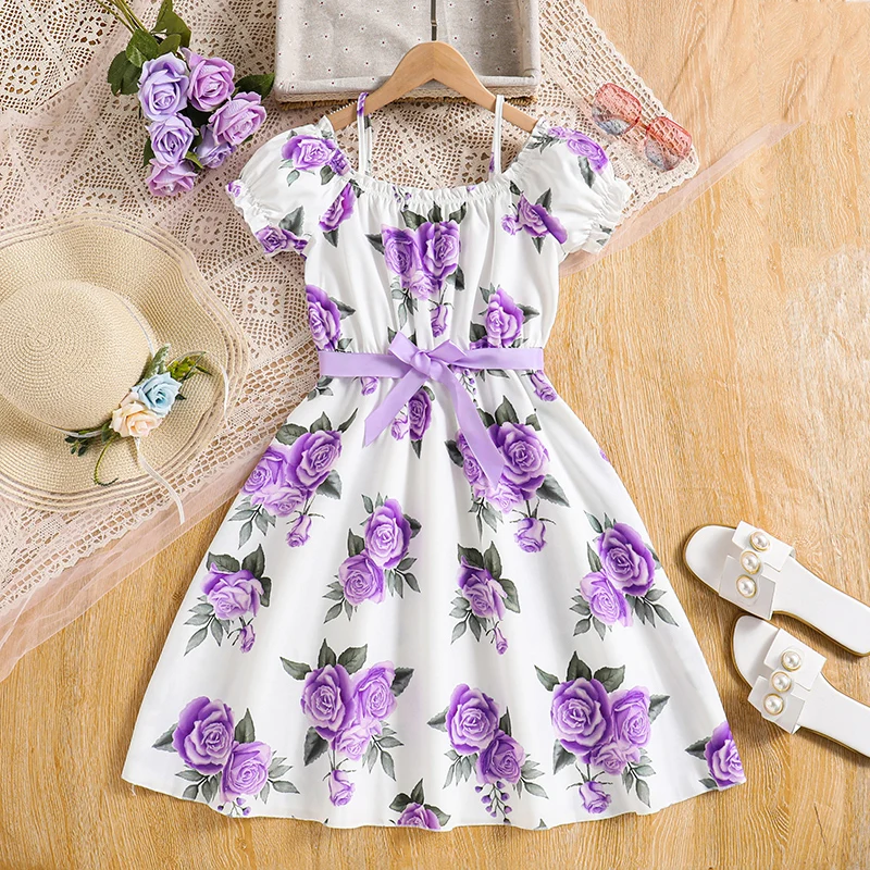 Kids Dress For Girls 8-12 Years Summer Purple Print Halter Dress Korean Elegant Fashion Graduation Birthday Party Girls Dress